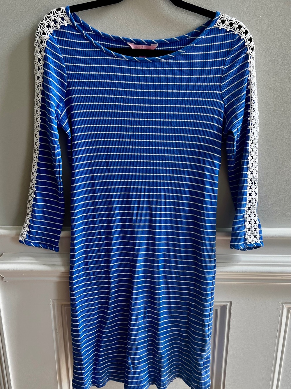 Lilly Pulitzer Blue and White Striped Dress with Crochet-Trim Sleeves